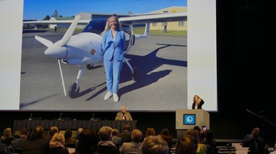 Halla Hrund Logadottir with airplane